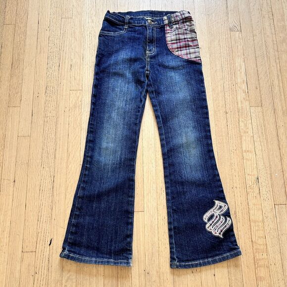 Rocawear Girls Jeans Sz 8 Bell Bottom Plaid Patches Embroidered Stitched Pocket - Picture 1 of 11